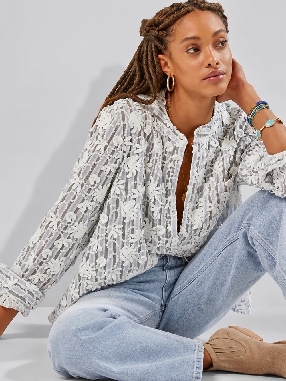 Anthropologie White Floral Lace Button-Down Shirt